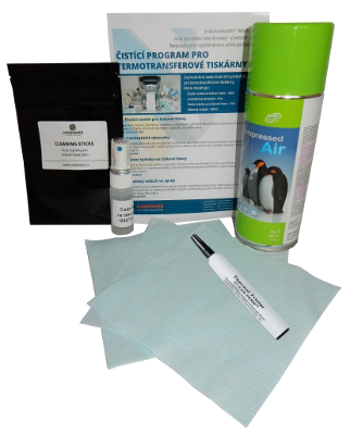 Obsah čisticí sady CLEAN-SET pro termotransferové tiskárny Zebra – stlačený vzduch, čisticí tyčinky, sprej, ubrousky a návod k použití.