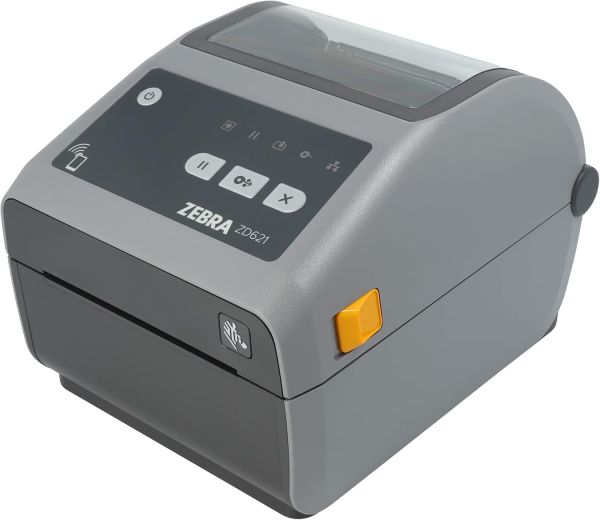 Stolní přímotermální tiskárna štítků Zebra ZD621D (model ZD6A042-D0EF00EZ) v šedém provedení, s přehledným ovládacím panelem s tlačítky a LED indikátory.