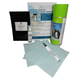 Obsah čisticí sady CLEAN-SET pro termotransferové tiskárny Zebra – stlačený vzduch, čisticí tyčinky, sprej, ubrousky a návod k použití.