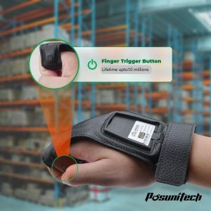Nositelný Bluetooth 2D skener čárových kódů Posunitech GS02 s rukavicí, odolný proti prachu a vodě, vhodný pro sklady a logistiku.